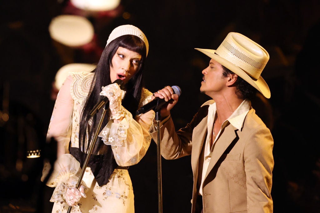 Lady Gaga performs with Bruno Mars in 2025