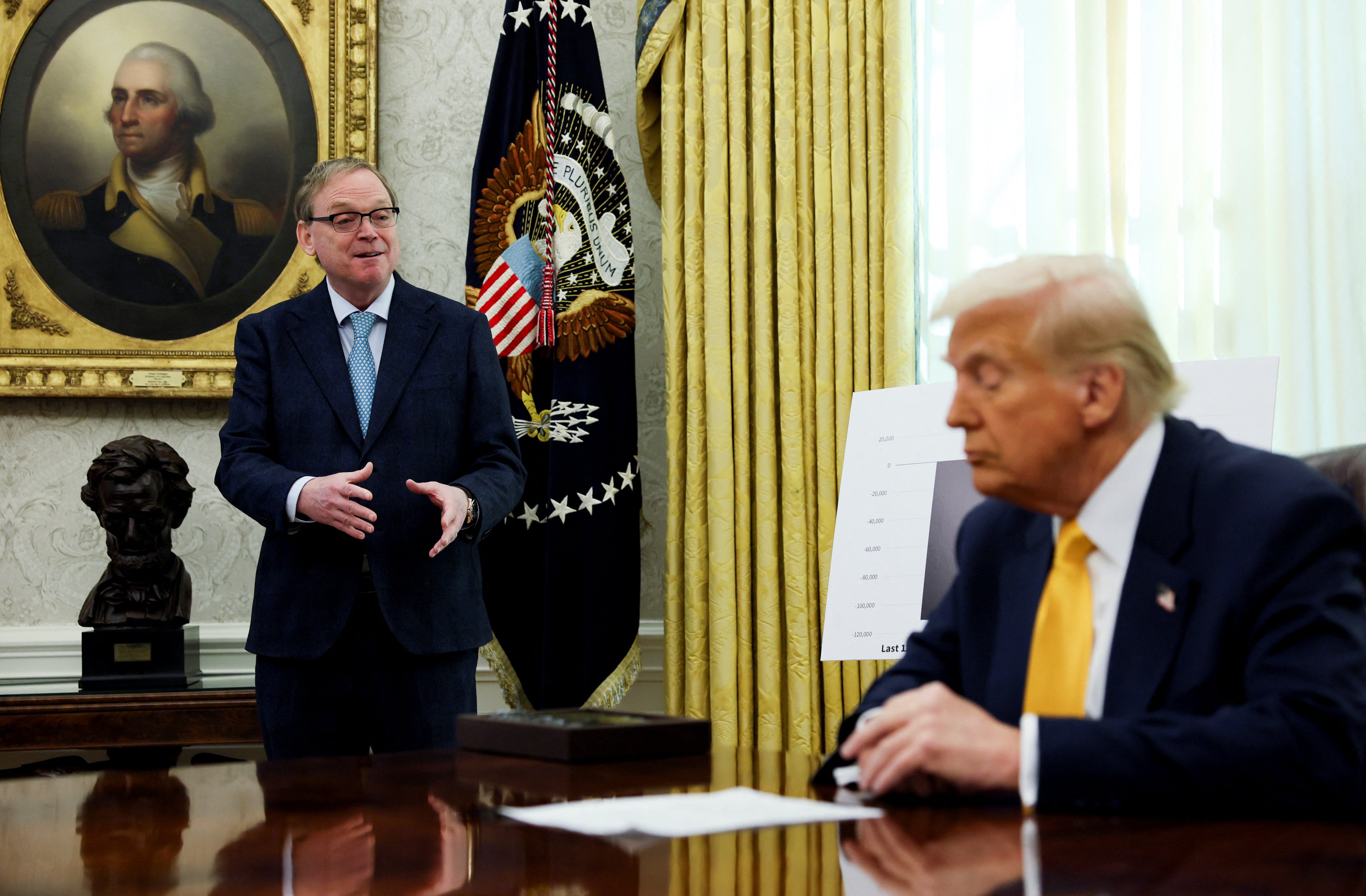 Trump and White House economic adviser Kevin Hassett overlooked by George Washington in a gold frame