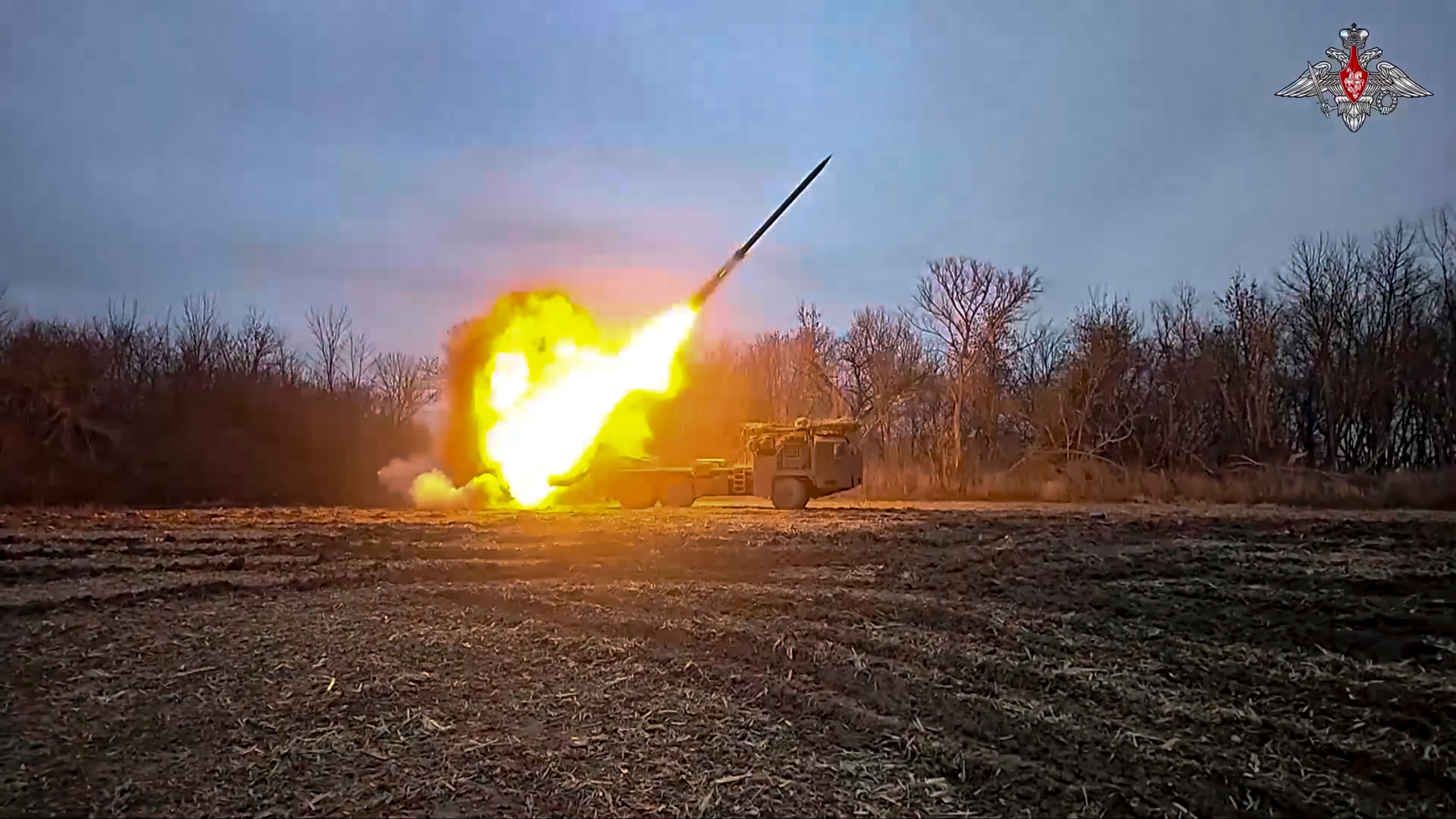 A Russian rocket launcher firing toward a Ukrainian position in the Kursk region border area