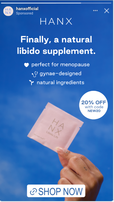 HANX advertisement for women's sexual desire supplement for menopausal women