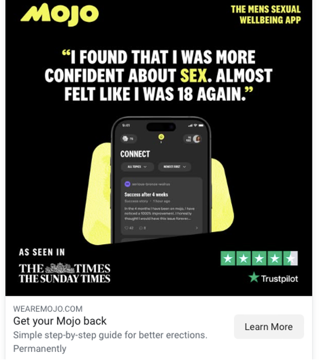 <p>An ad promoting a men's sexual wellbeing app was promoted without issue</p>