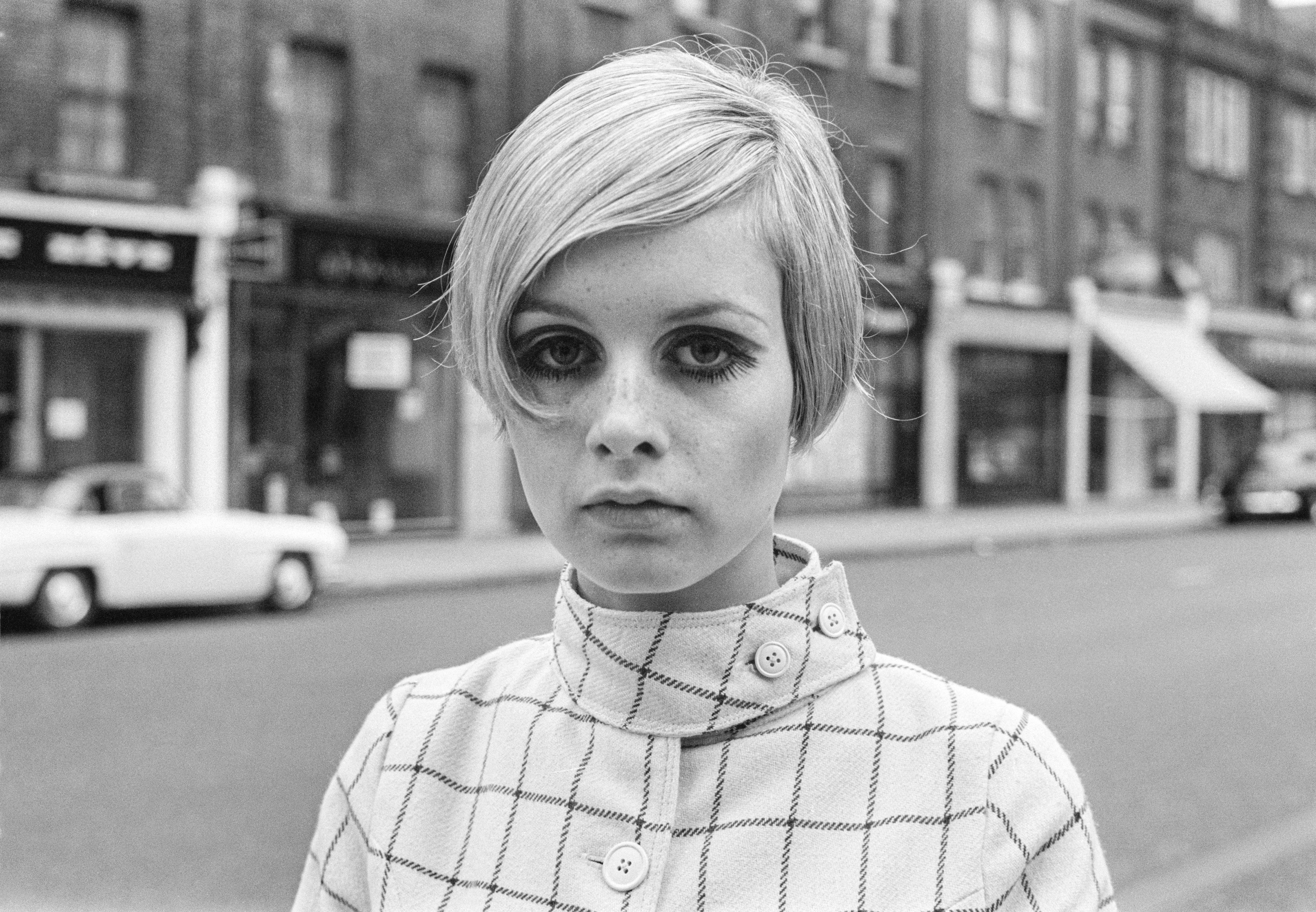 Twiggy during a fashion shoot on the King's Road in 1966