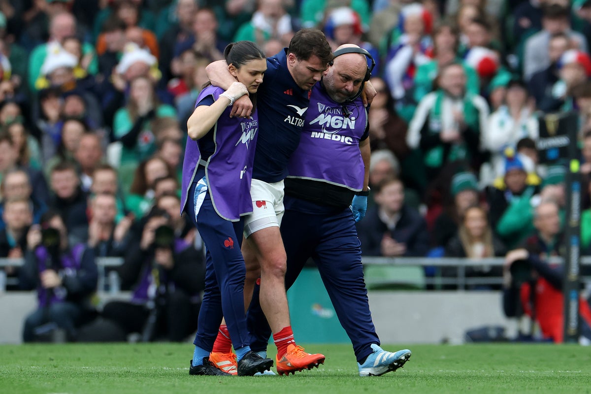 Antoine Dupont carried off after suffering injury in France’s Six Nations clash with Ireland