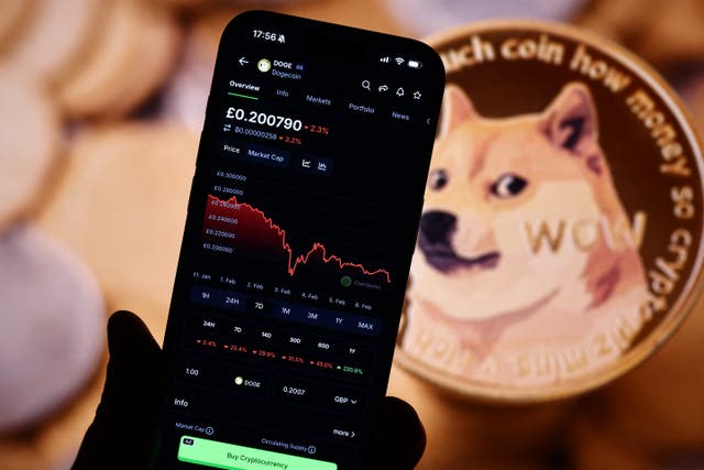<p>A smartphone displaying information on the price fluctuations of dogecoin, the original meme token</p>