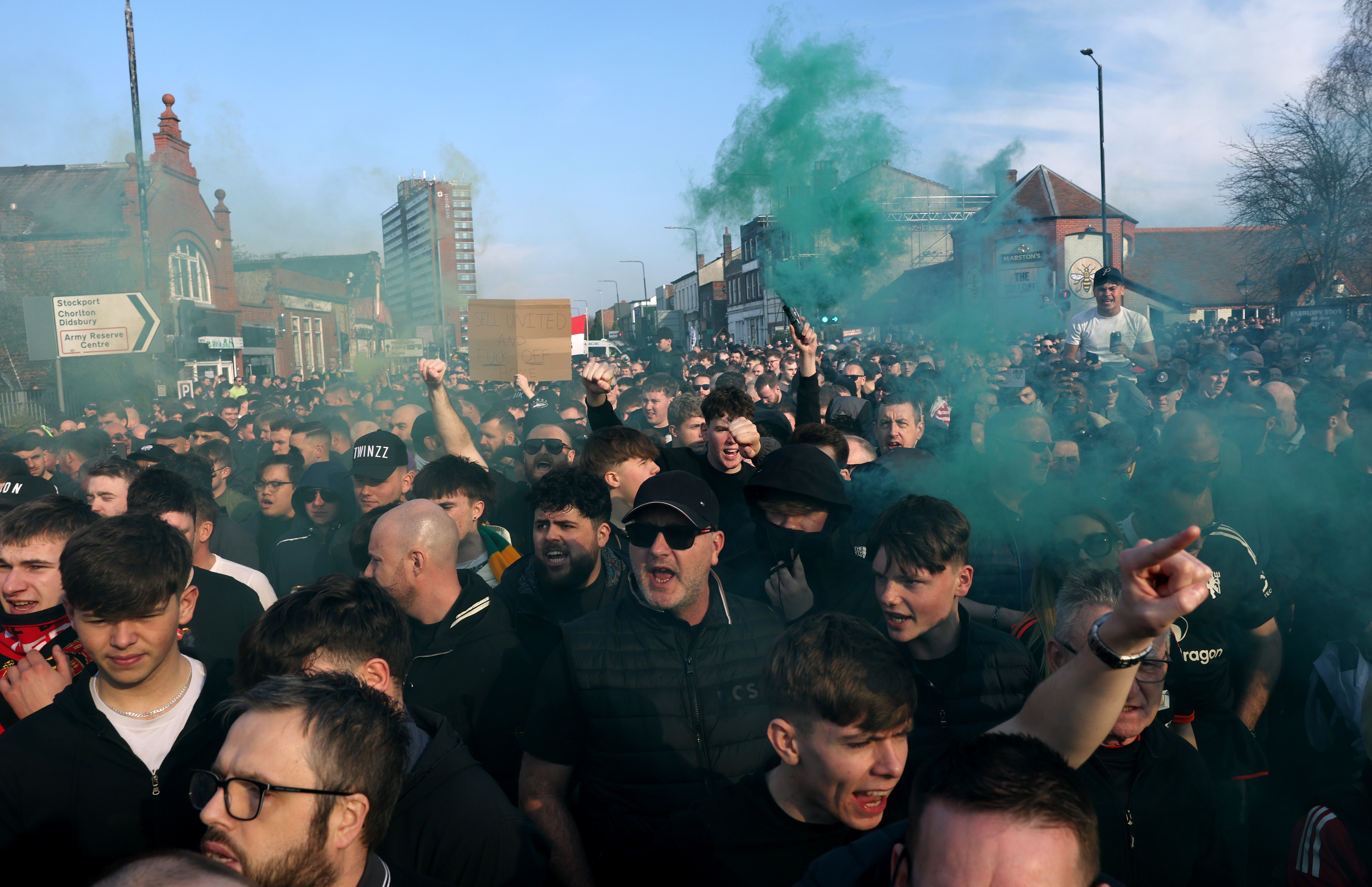 Fans protest the Glazer ownership outside the stadium prior to the Premier League match between Manchester United and Arsenal