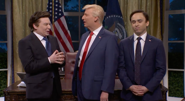 <p>Saturday Night Live tackled an alleged Oval Office dust-up between Marco Rubio (Marcello Hernandez, right) and Elon Musk (Mike Myers, left) on an episode hosted by Lady Gaga on March 8</p>