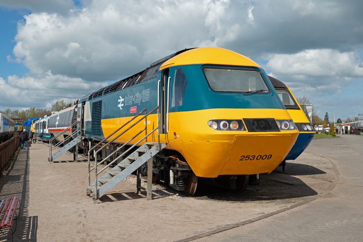 The British Rail ‘double arrow’ logo is seen on the side of these Class 43 diesel locomotives used for the InterCity 125 High Speed Train power cars