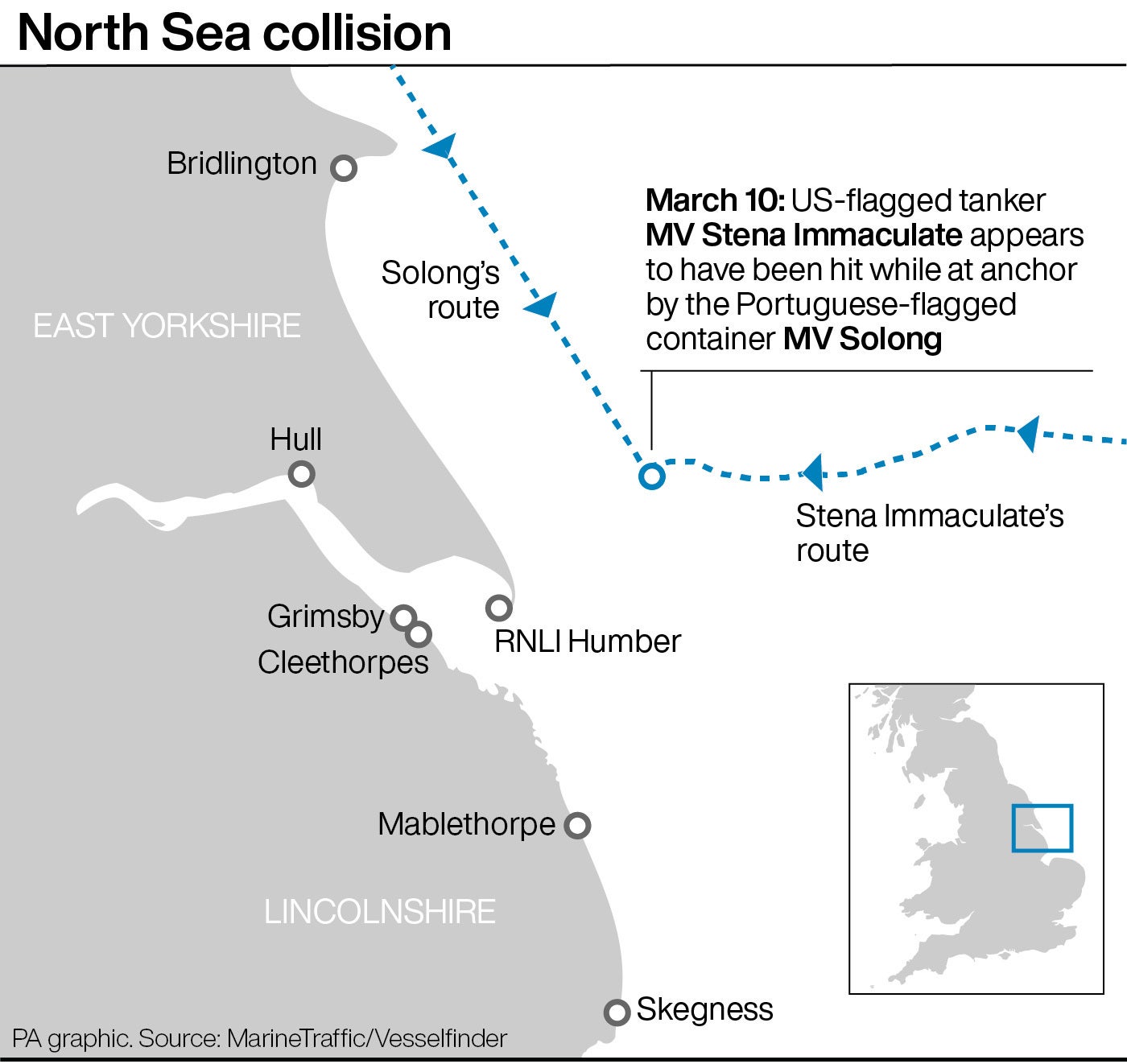 Location of the collision between two ships in the North Sea