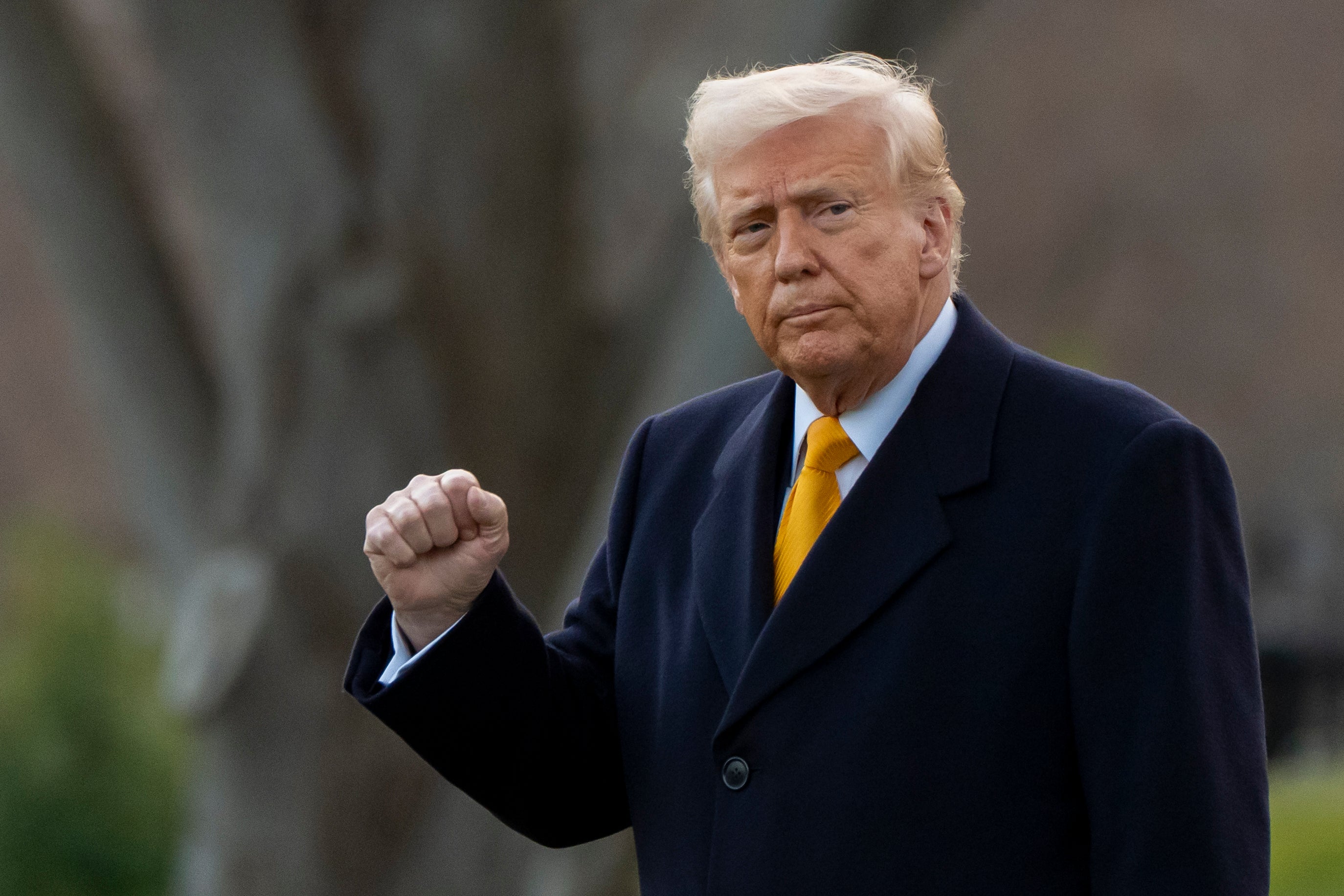 President Donald Trump pumps his fist before departing on Marine One on March 7. He vowed to try to lower egg prices on 'day one' but is now sharing an article asking people to 'shut up about egg prices'