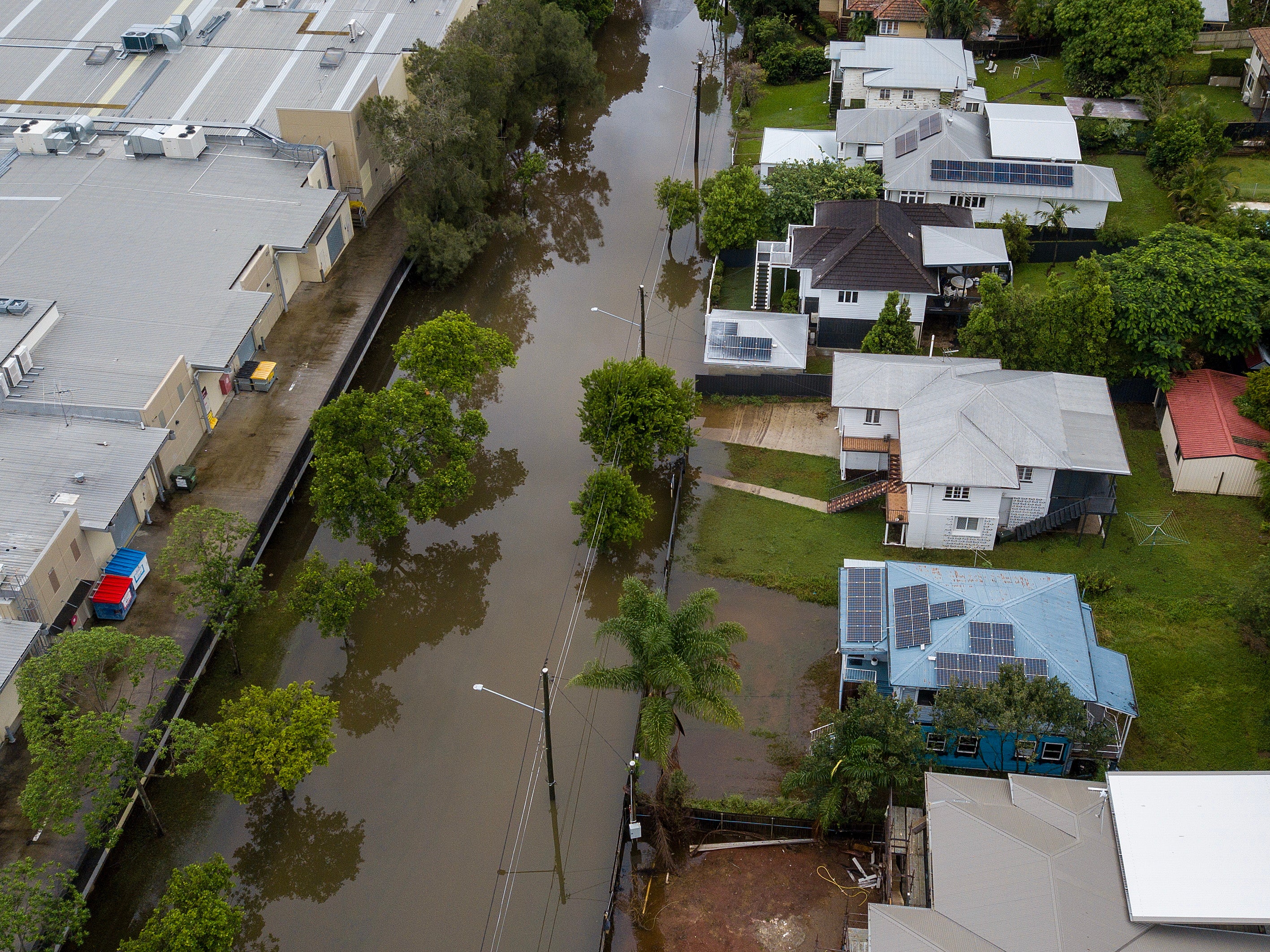 A drone photo shows flooding in Newmarket, Brisbane, on 10 March 2025