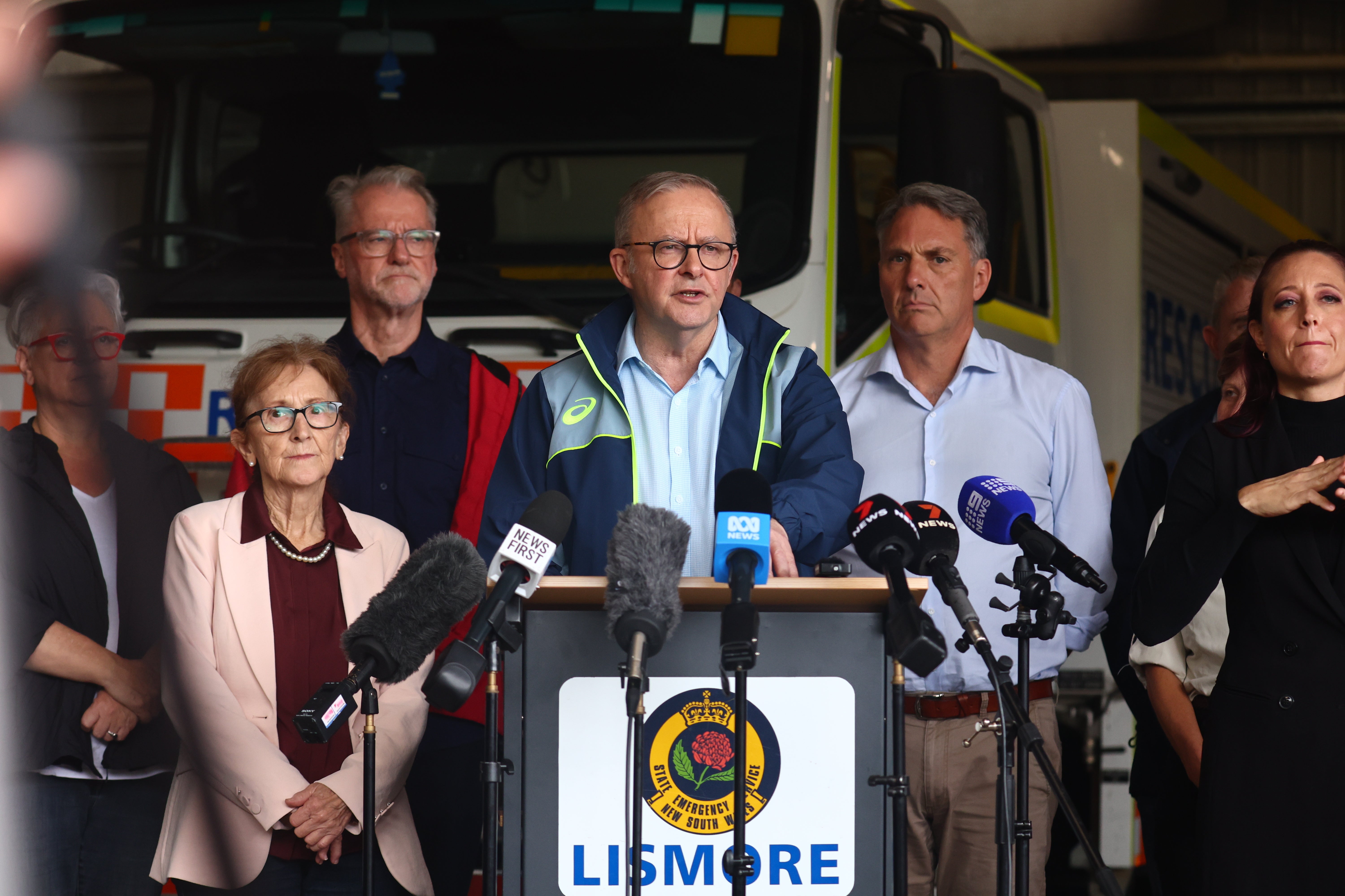 Australian prime minister Anthony Albanese speaks to the media at a State Emergency Service Centre in Lismore, New South Wales, on 10 March 2025