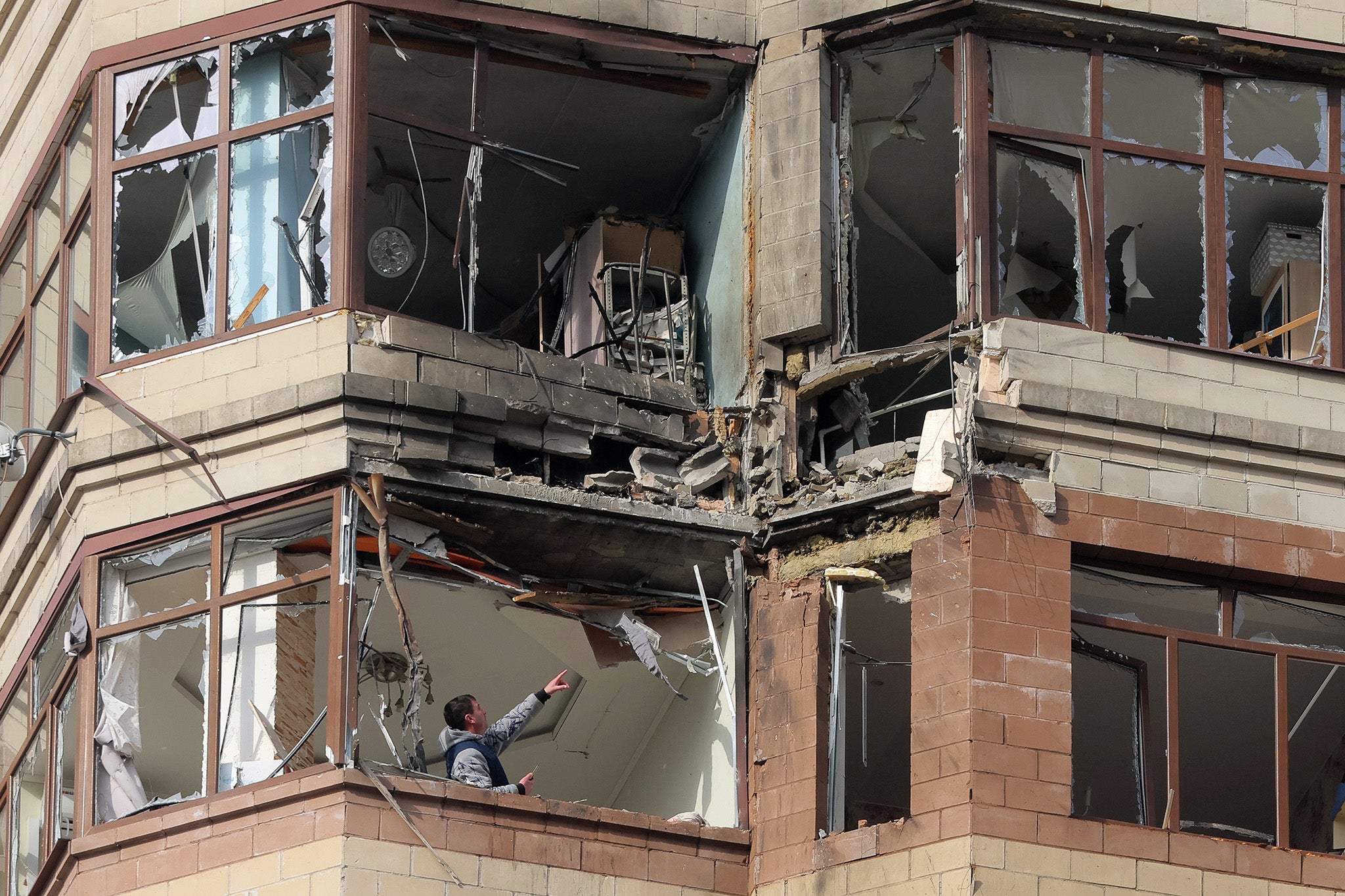 A damaged apartment building in Ramenskoe, outside Moscow, after Ukraine’s drone attack