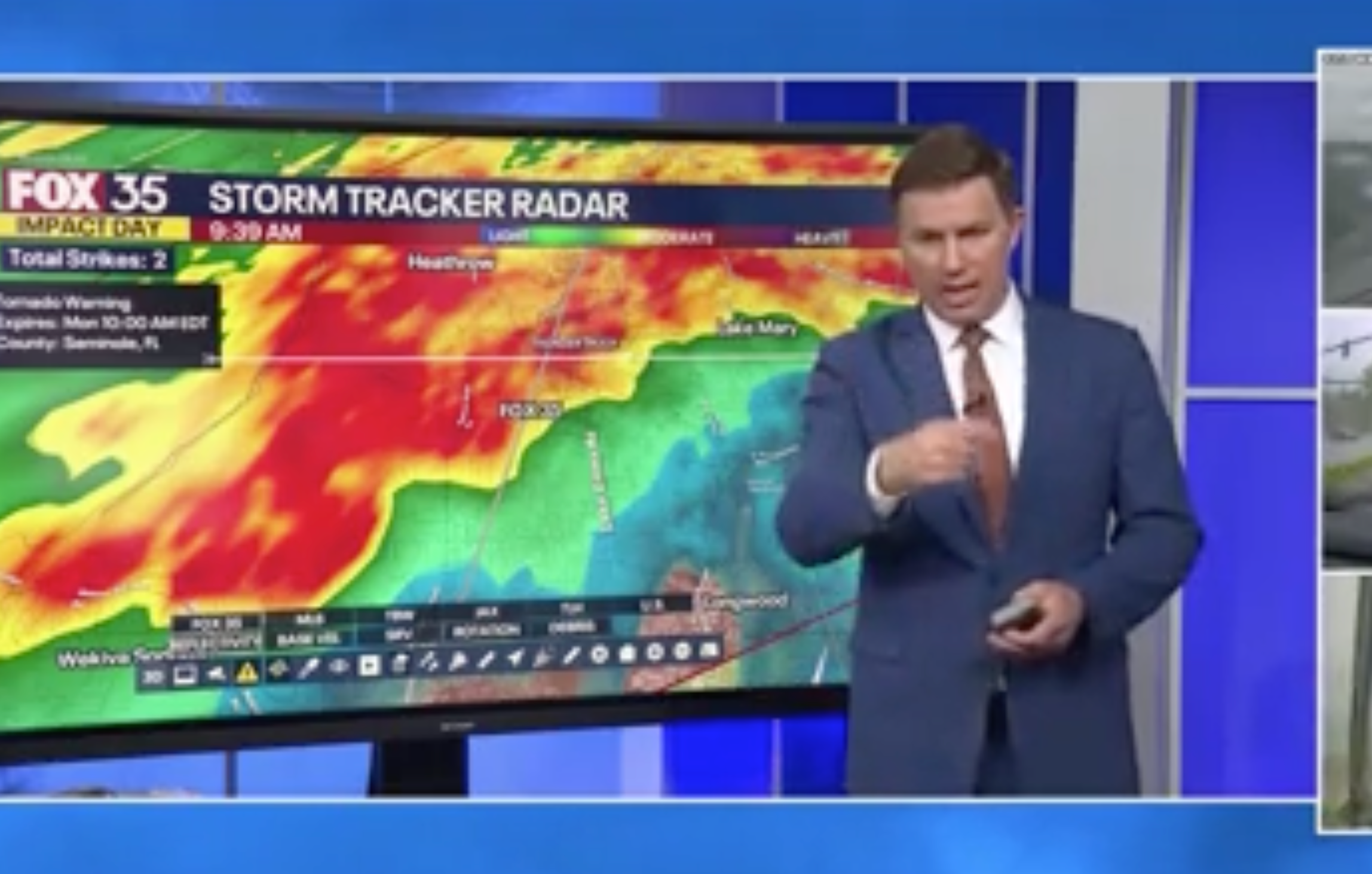 Meteorologist Brooks Garner gave his forecast as a tornado slammed into his Orlando TV station