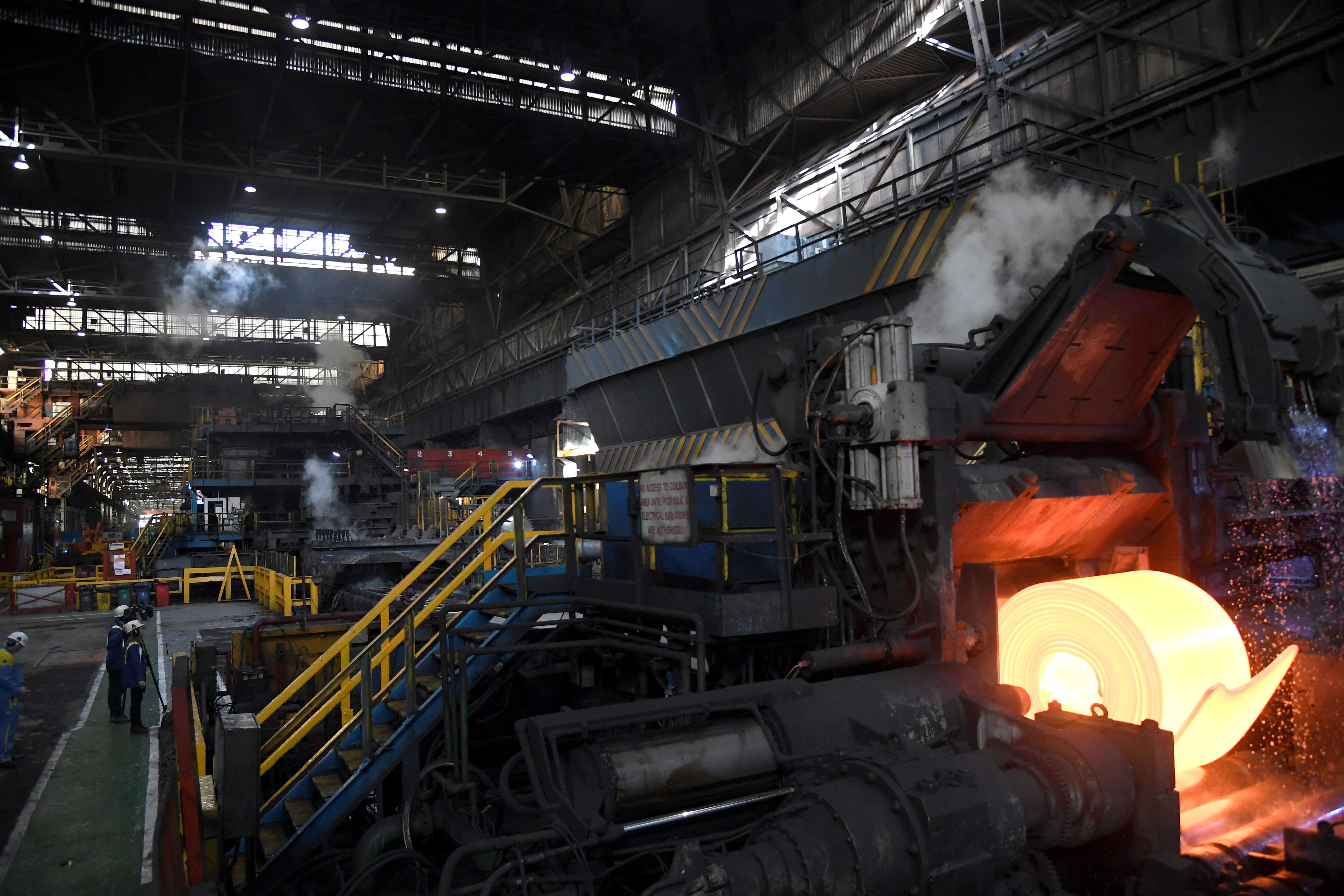 A steel rolling mill in action at Tata Steel in Port Talbot in south Wales