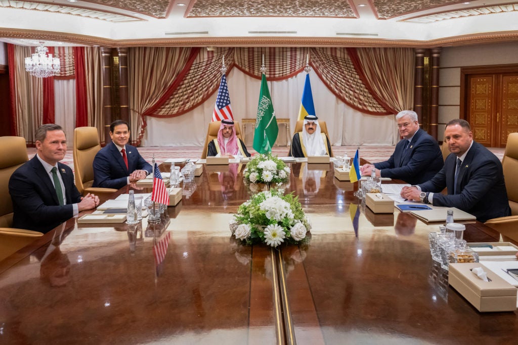 Secretary of State Marco Rubio meets with Ukraine's minister of defense Rustem Umerovto in Jeddah, Saudi Arabia, for talks on a ceasefire agreement that will be presented to Russia.