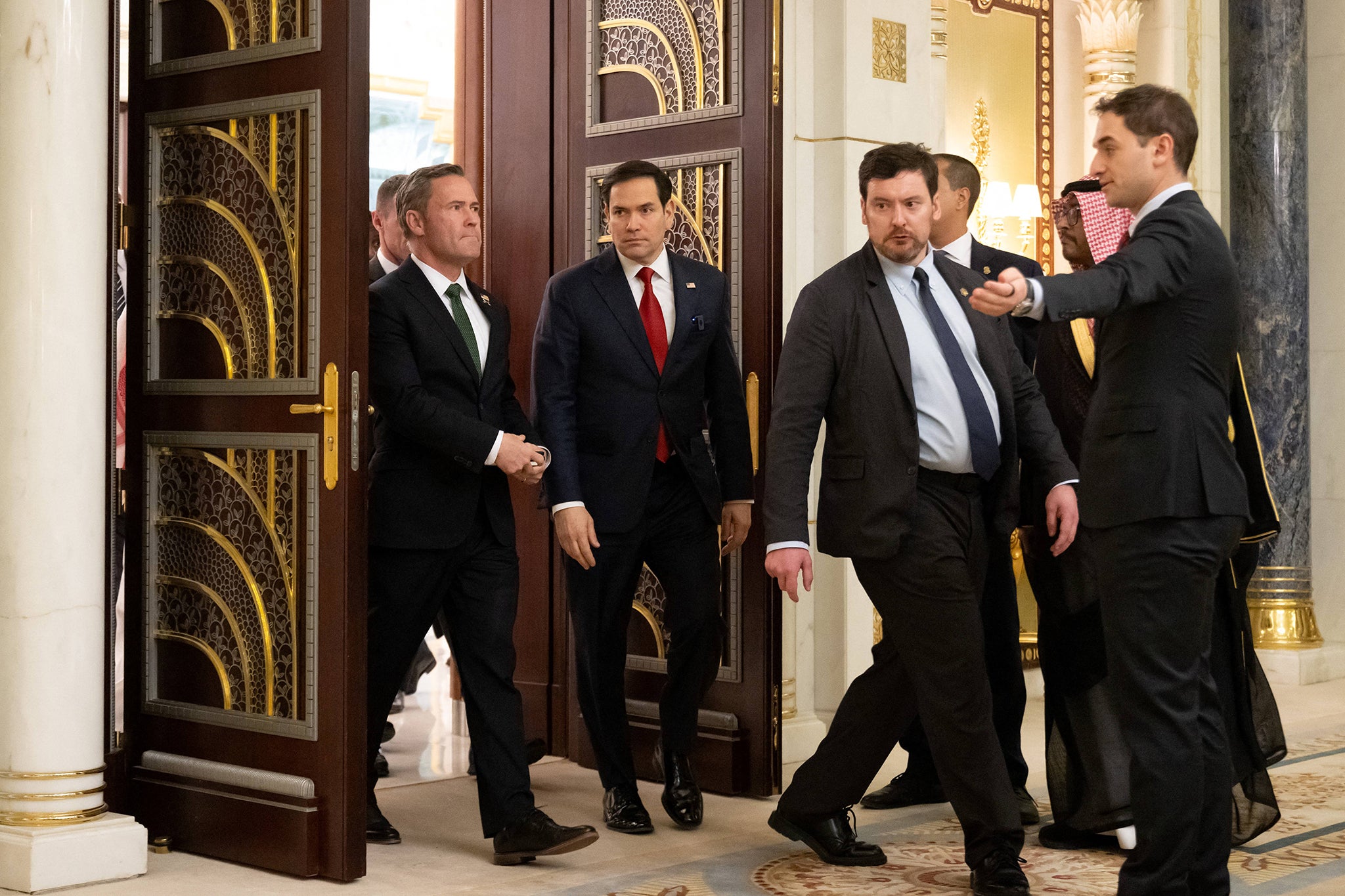 US Secretary of State Marco Rubio (2nd L) and US National Security Advisor Mike Waltz (L) after meeting a Ukrainian delegation in Jeddah on March 11, 2025