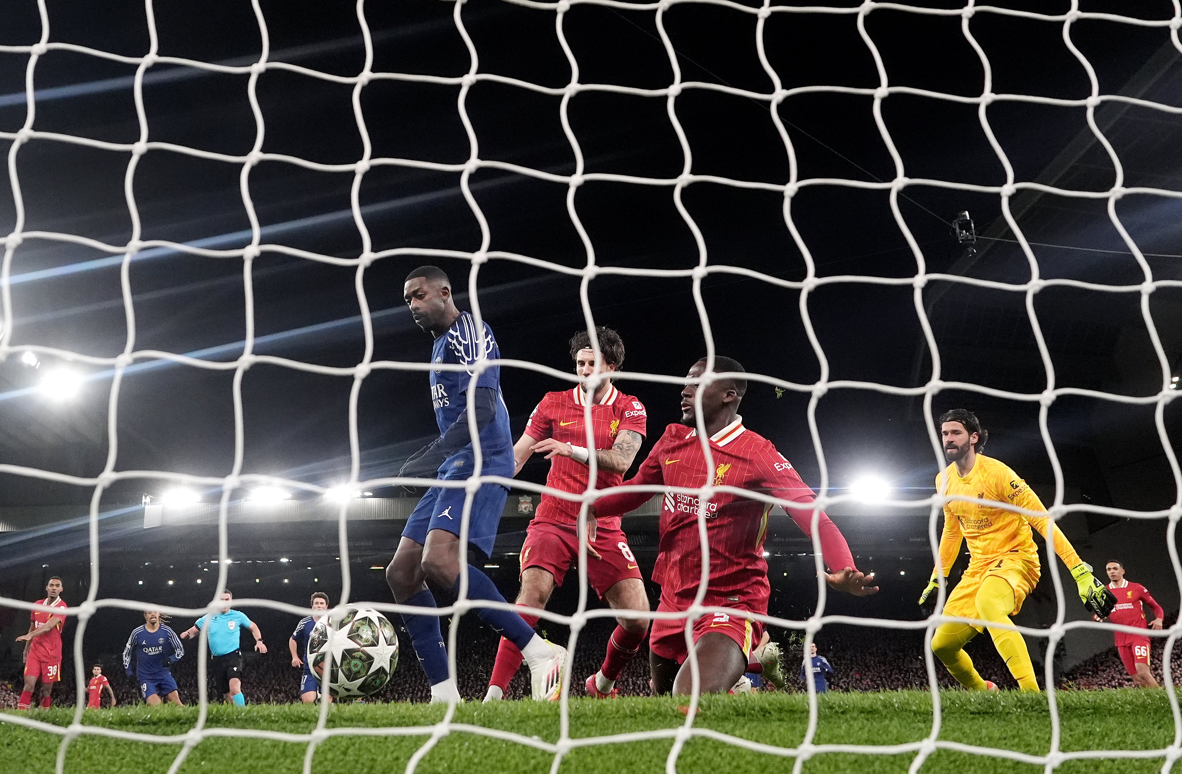 Ousmane Dembele, centre left, taps in the only goal