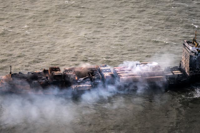 The Solong remains on fire following the collision on Monday (Danny Lawson/PA)