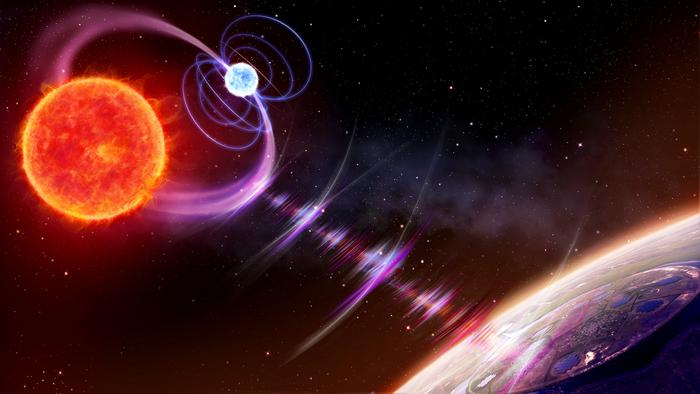 Artist's impression of a red dwarf (left) and a white dwarf orbiting each other, emitting radio pulses