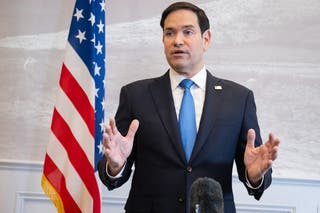 Secretary of State Marco Rubio speaks to the media during a refueling stop at Shannon Airport in Shannon, Ireland, as he travels from talks with Ukraine in Saudi Arabia to attend a G7 Foreign Ministers meeting in Canada. Rubio said on Wednesday that European allies will need to be involved in any eventual deal on Ukraine, which backed a U.S. proposal for a 30-day truce with Russia.