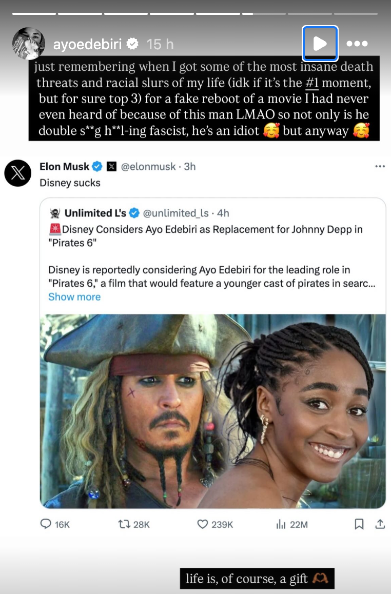 Ayo Edebiri called Elon Musk an ‘idiot,’ after spreading a rumor that she was going to be named as the new Jack Sparrow.