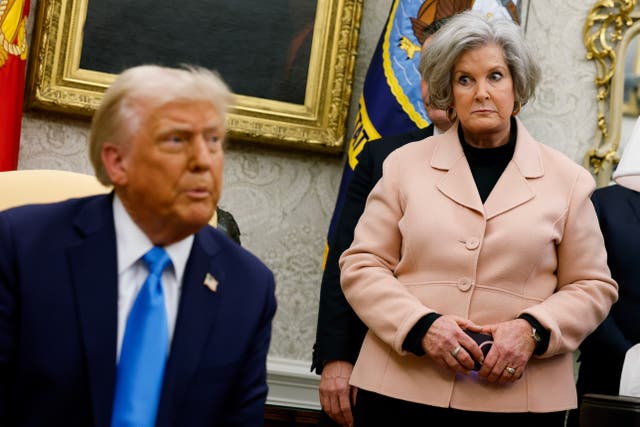 <p>U.S. President Donald Trump, accompanied by White House Chief of Staff Susie Wiles (R), speaks during a meeting with Israeli Prime Minister Benjamin Netanyahu in the Oval Office of the White House on February 04, 2025 in Washington, DC</p>