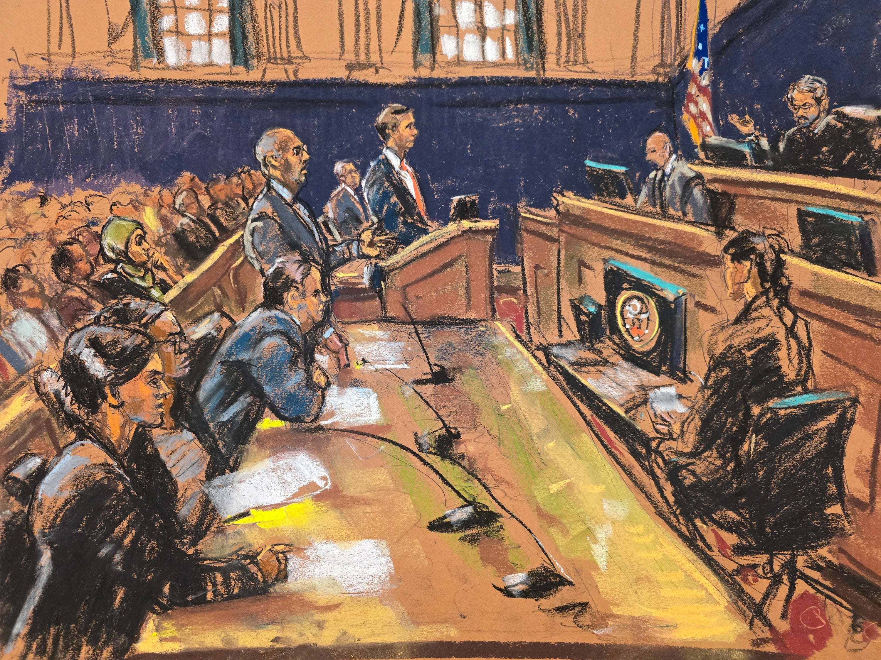 A court sketch depicts lawyers for Mahmoud Khalil speaking to District Judge Jesse Furman on March 12