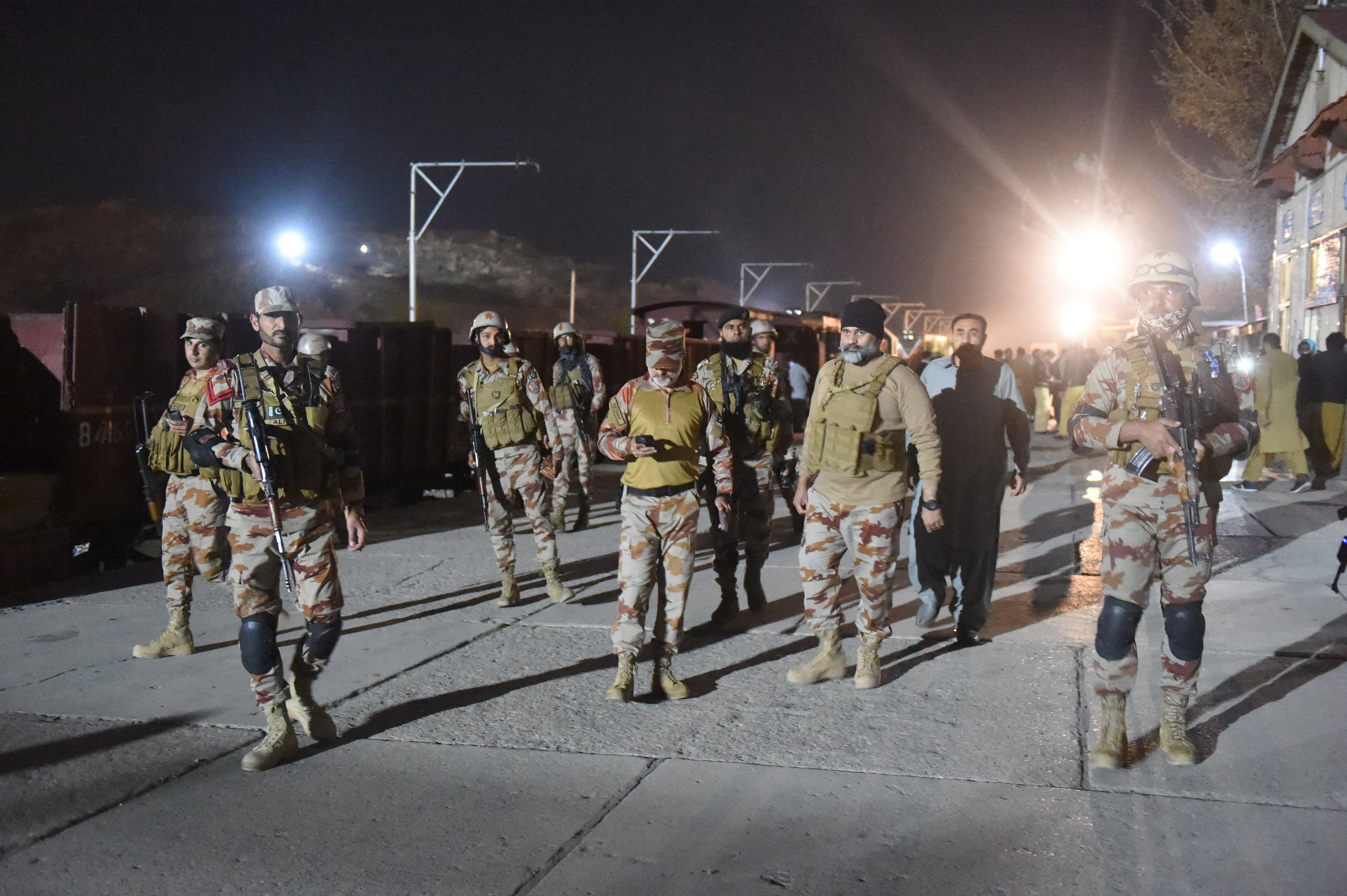 Soldiers secure Mach railway station after Pakistani security forces freed some passengers