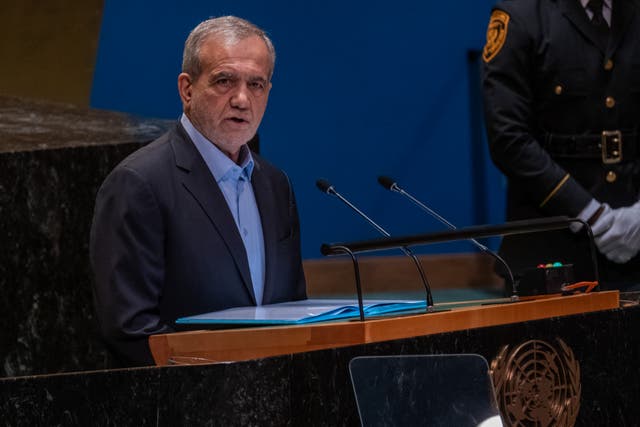 <p>File. Iranian president Masoud Pezeshkian addresses world leaders during the United Nations General Assembly (UNGA) at the United Nations headquarters on 24 September 2024 in New York City</p>