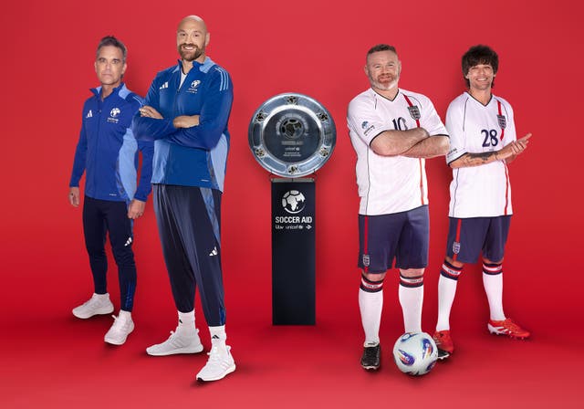 <p>Tyson Fury, centre left, and Wayne Rooney, centre right, who will co-manage England at Soocer Aid 2025, flanked by Robbie Williams, left, and Louis Tomlinson, right</p>