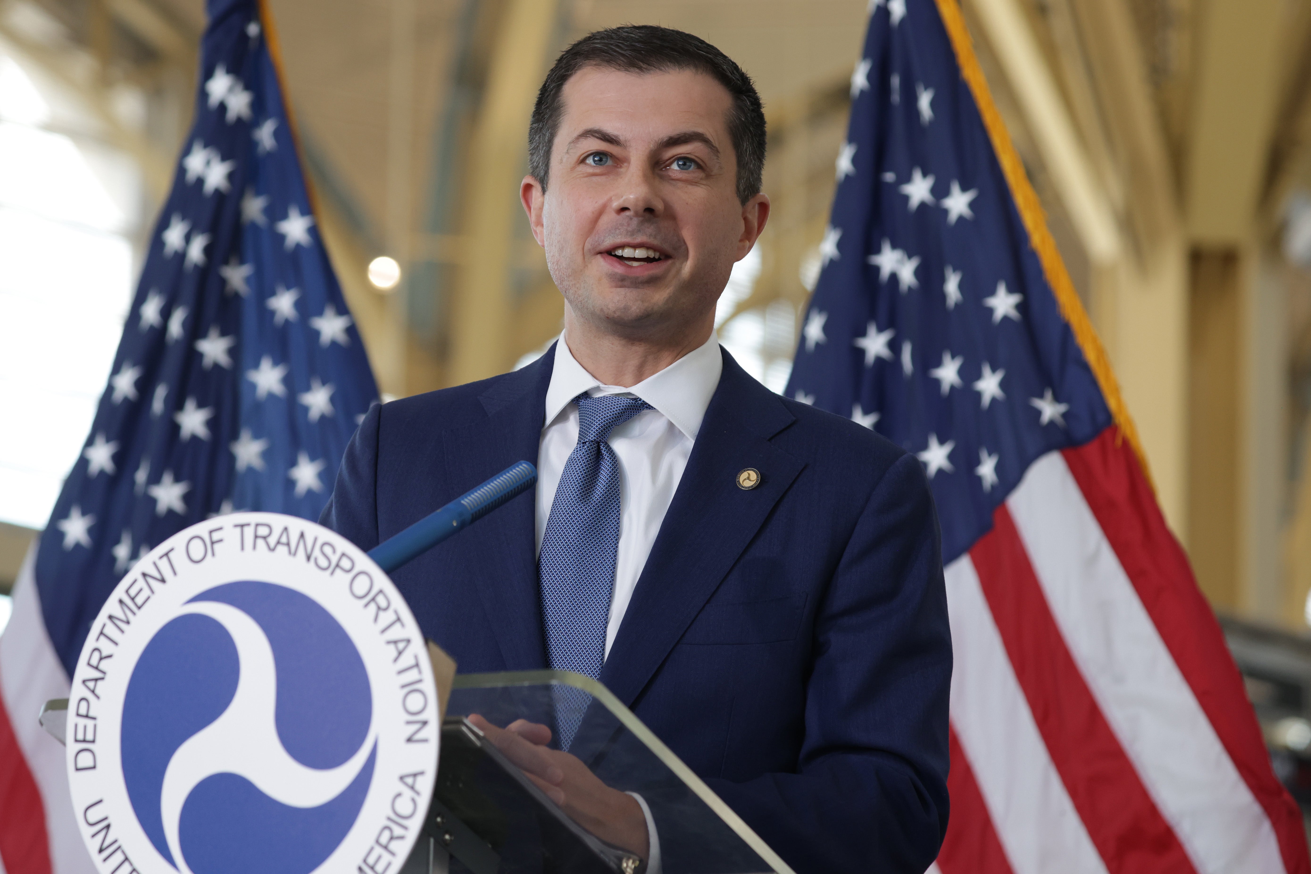 U.S. Secretary of Transportation Pete Buttigieg speaks during a news conference at Ronald Reagan Washington National Airport November 21, 2024 in Arlington, Virginia. He’s reportedly set to announce that he’s not running for the open senate seat in Michigan