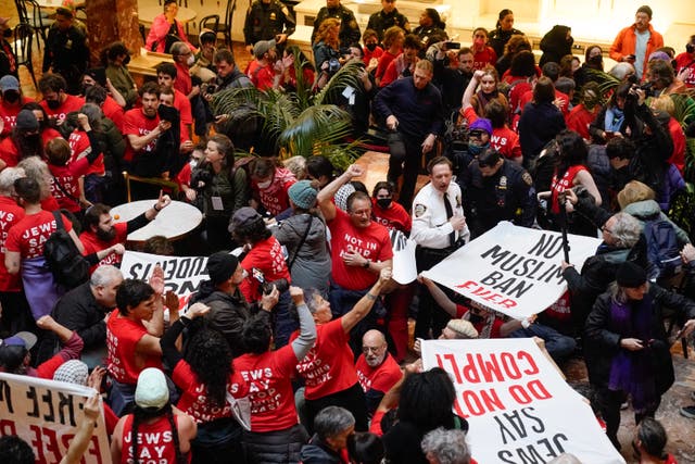 <p>NYPD officers made multiple arrests on Thursday as activists occupied Trump Tower in New York in protest of the detention of pro-Palestinian activist Mahmoud Khalil</p>