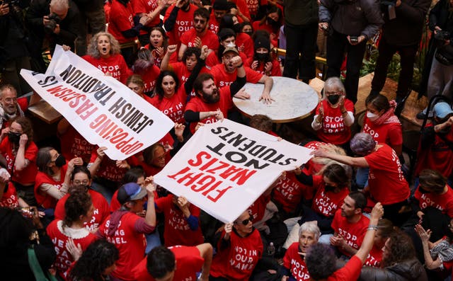 <p>Trump Tower was filled with protesters on Thursday as they demanded a ‘Free Palestine’ and the release of a student being held for deportation </p>