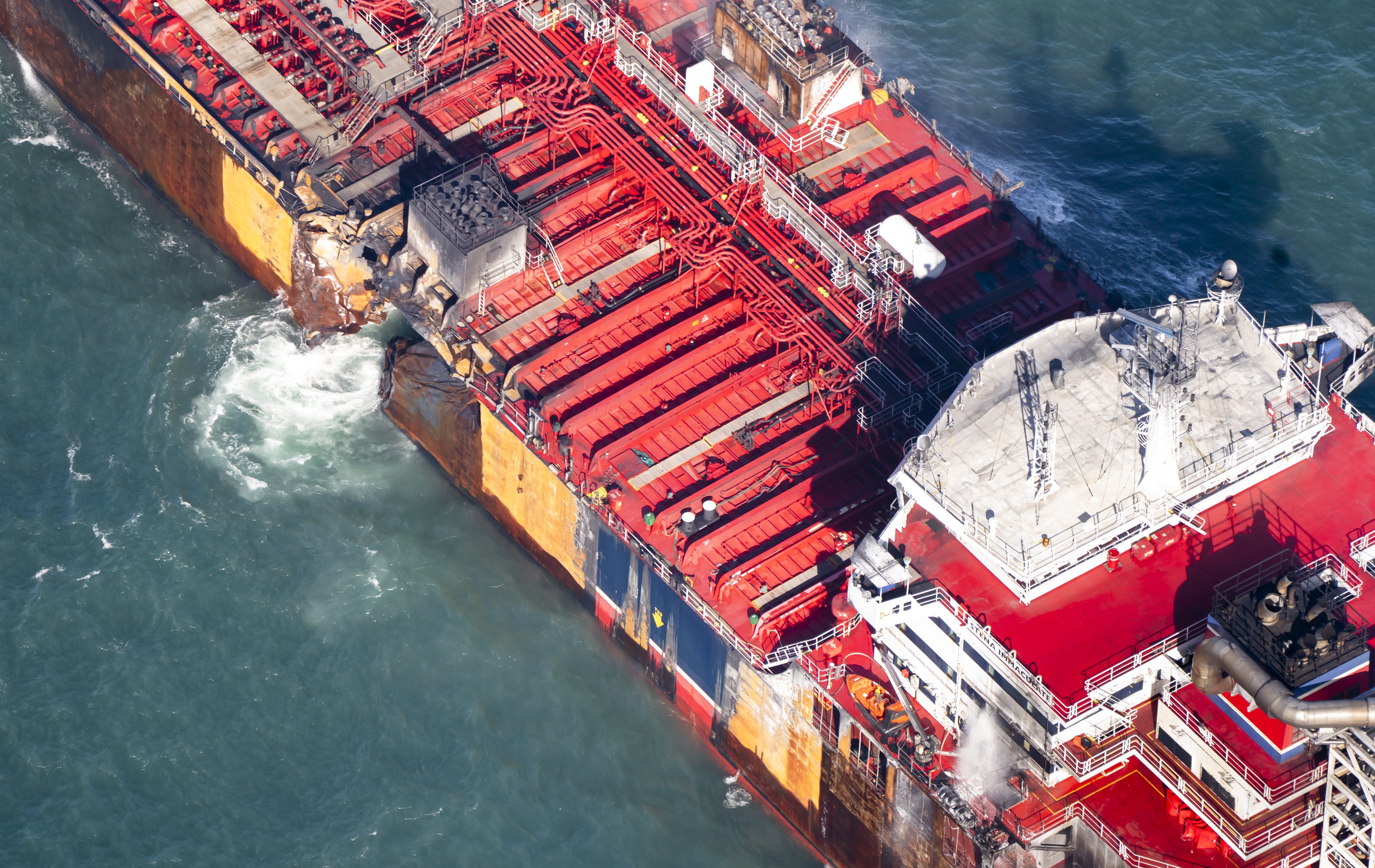 <p>The badly damaged ‘Stena Immaculate’ remains anchored off East Yorkshire coast </p>