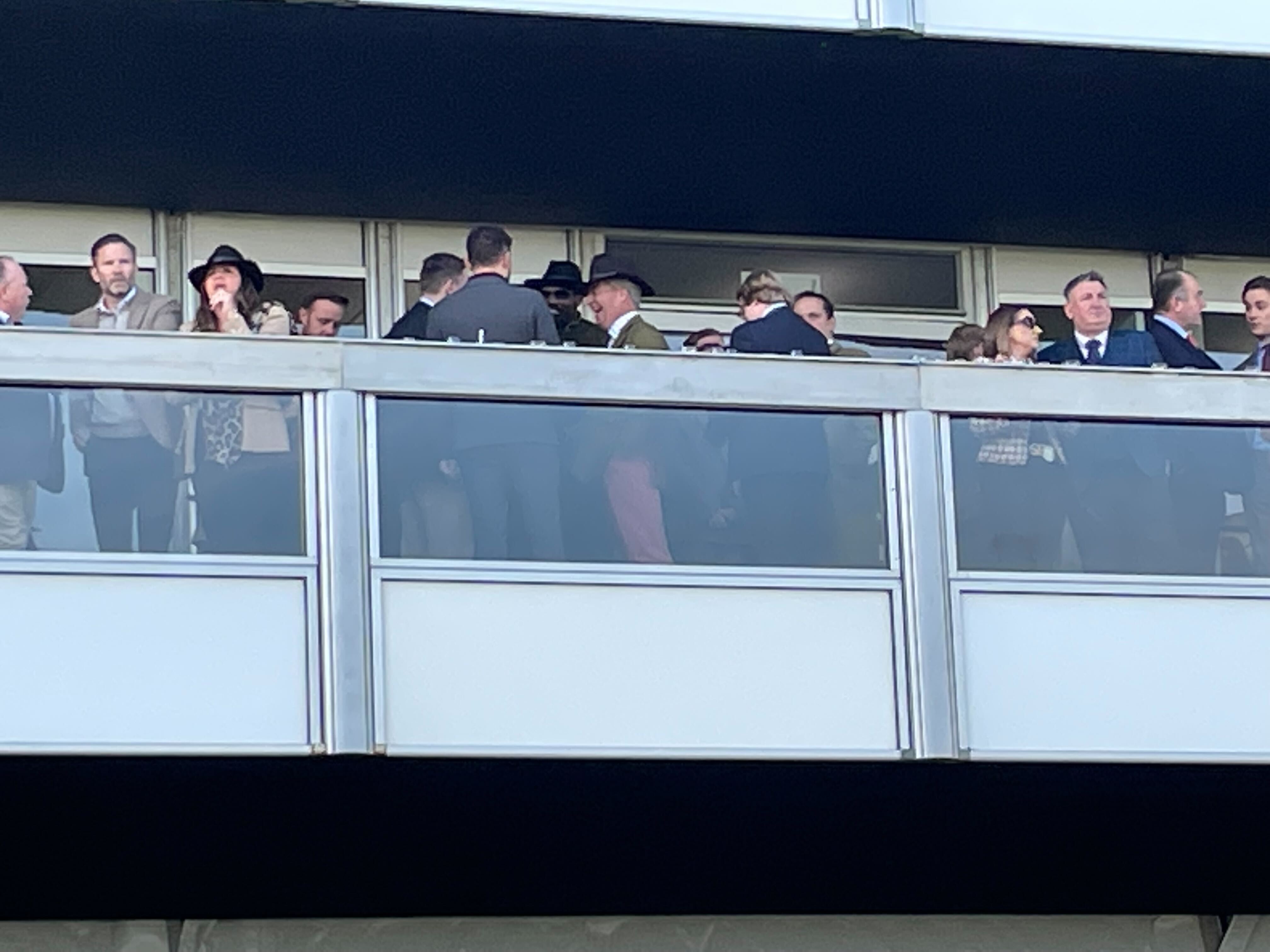 Nigel Farage pictured laughing with racegoers in a box in the Triple Deck stand