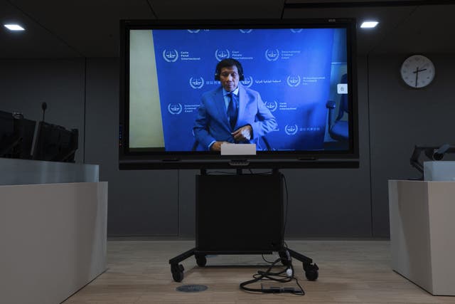 <p>Rodrigo Duterte appears in court at The Hague via video link</p>