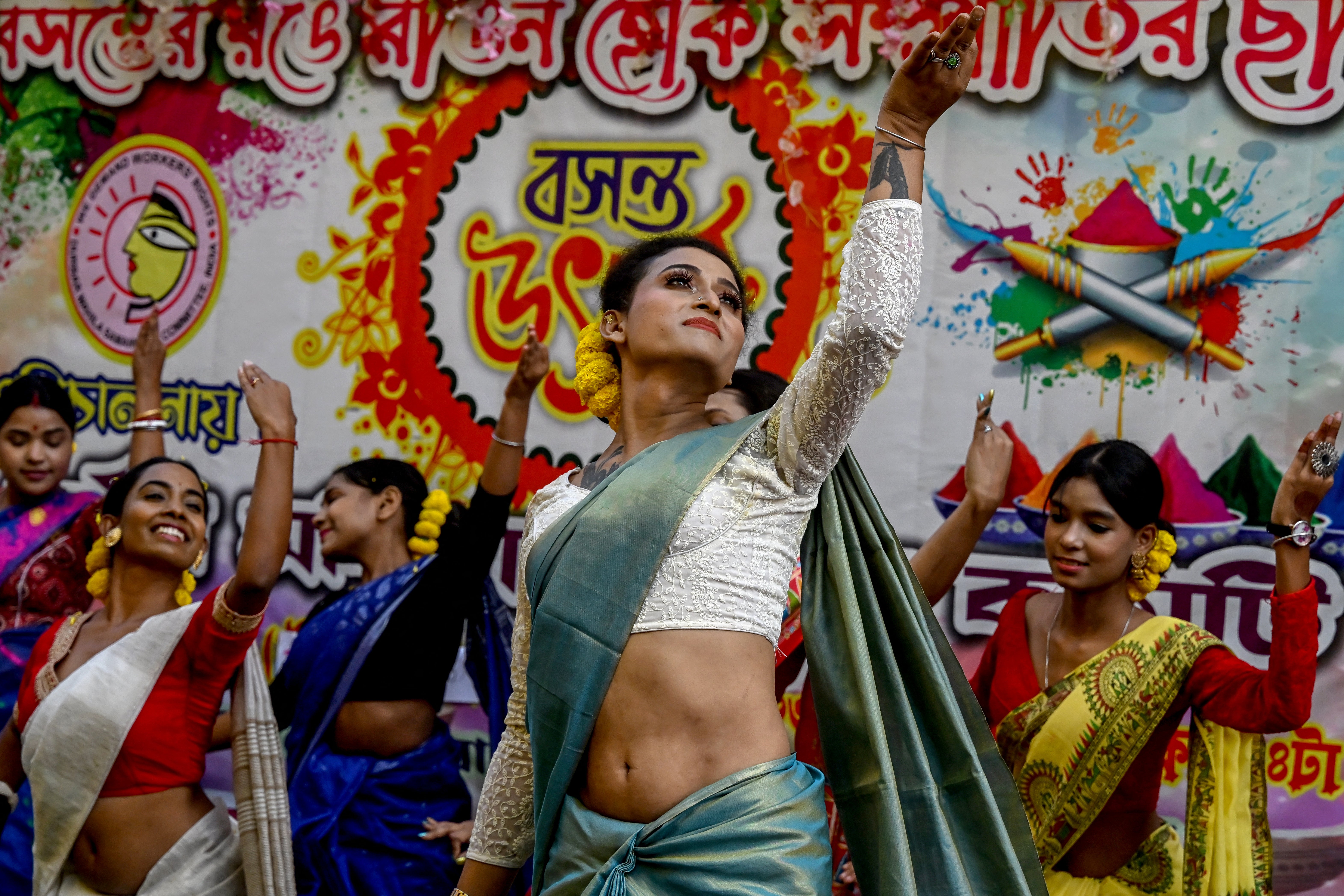 Social activists during Holi celebrations organised by the Durbar Mahila Samanwaya Committee, a collective of sex workers, in the redlight area of Sonagachi in Kolkata