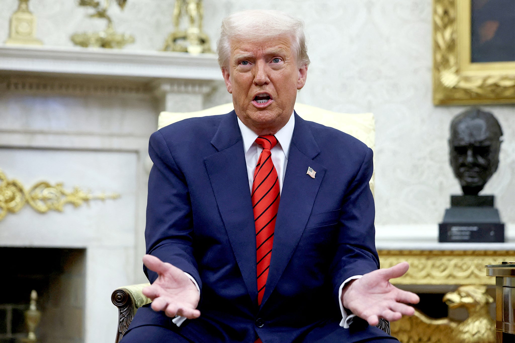 US president Donald Trump reacts as he meets Nato secretary general Mark Rutte