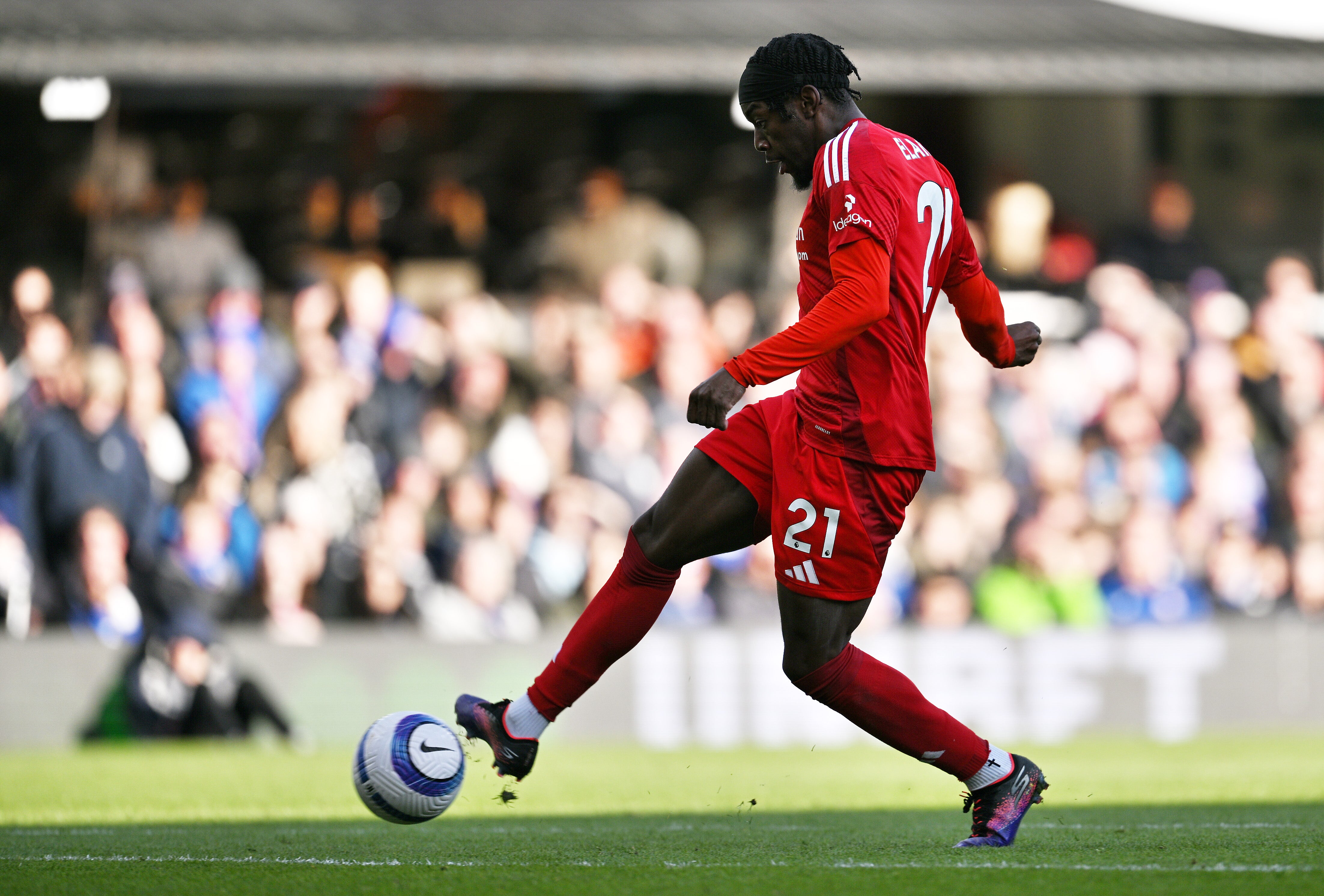 Anthony Elanga of Nottingham Forest scores his team's third goal against Ipswich