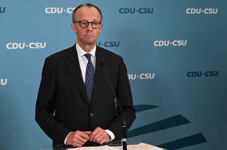 Friedrich Merz gives a statement following a parliamentary group meeting of the conservative CDU/CSU union on March 14 in Berlin