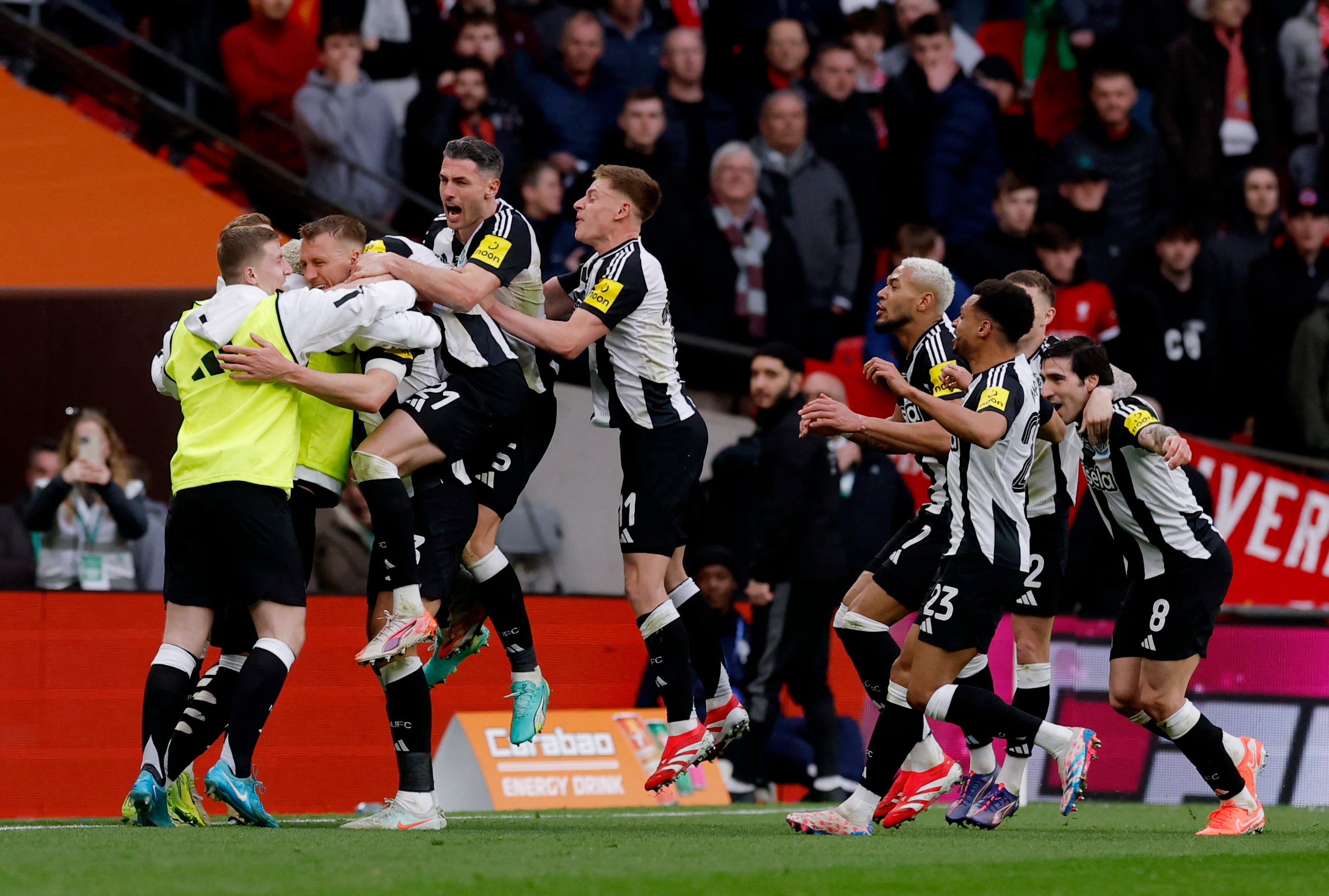 Newcastle celebrate after Burn scores their first goal