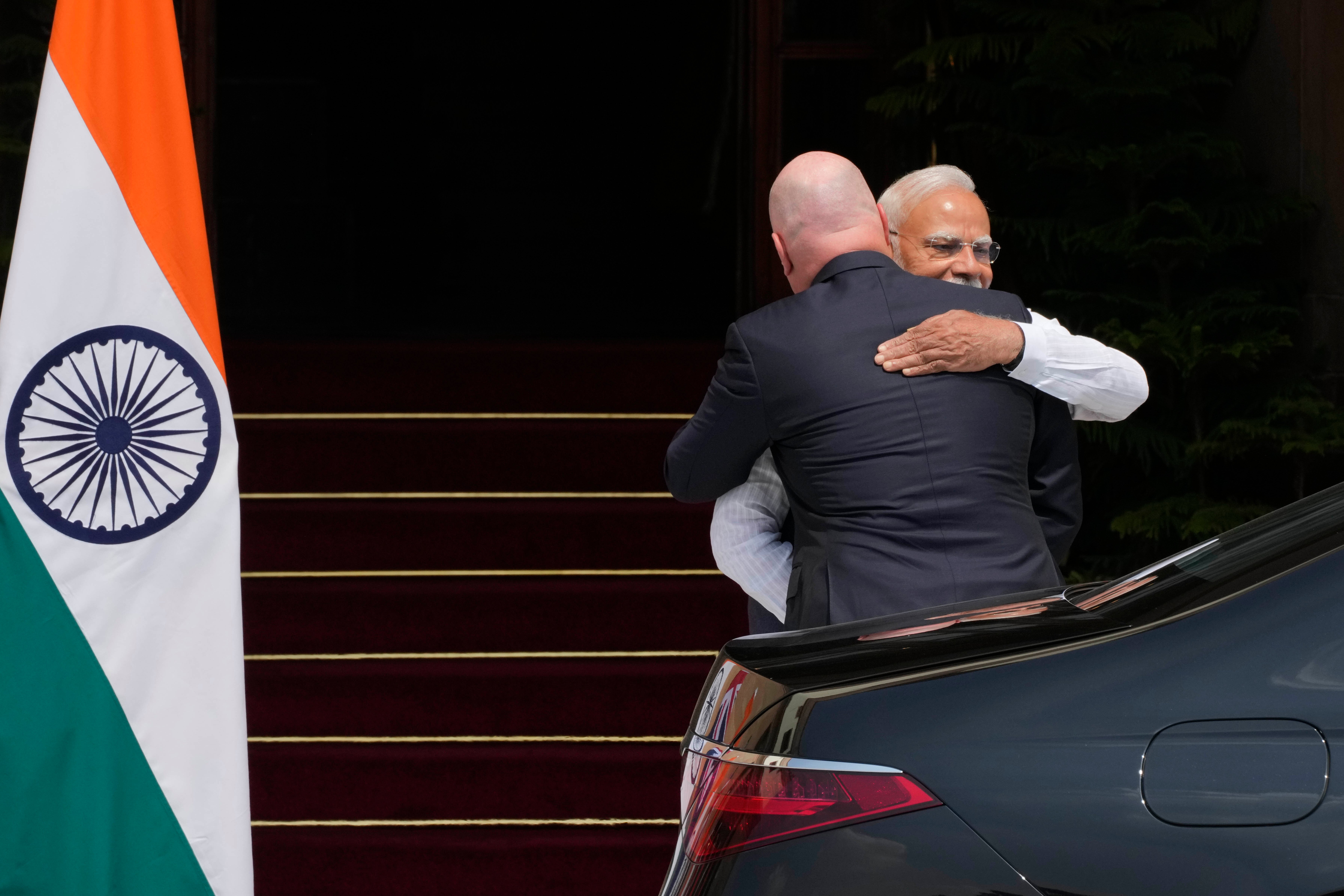 Modi and Luxon share a hug as New Zealand prime minister arrives for talks with Indian prime minsiter