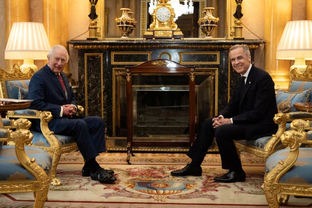 <p>King Charles and Prime Minister of Canada Mark Carney at Buckingham Palace</p>