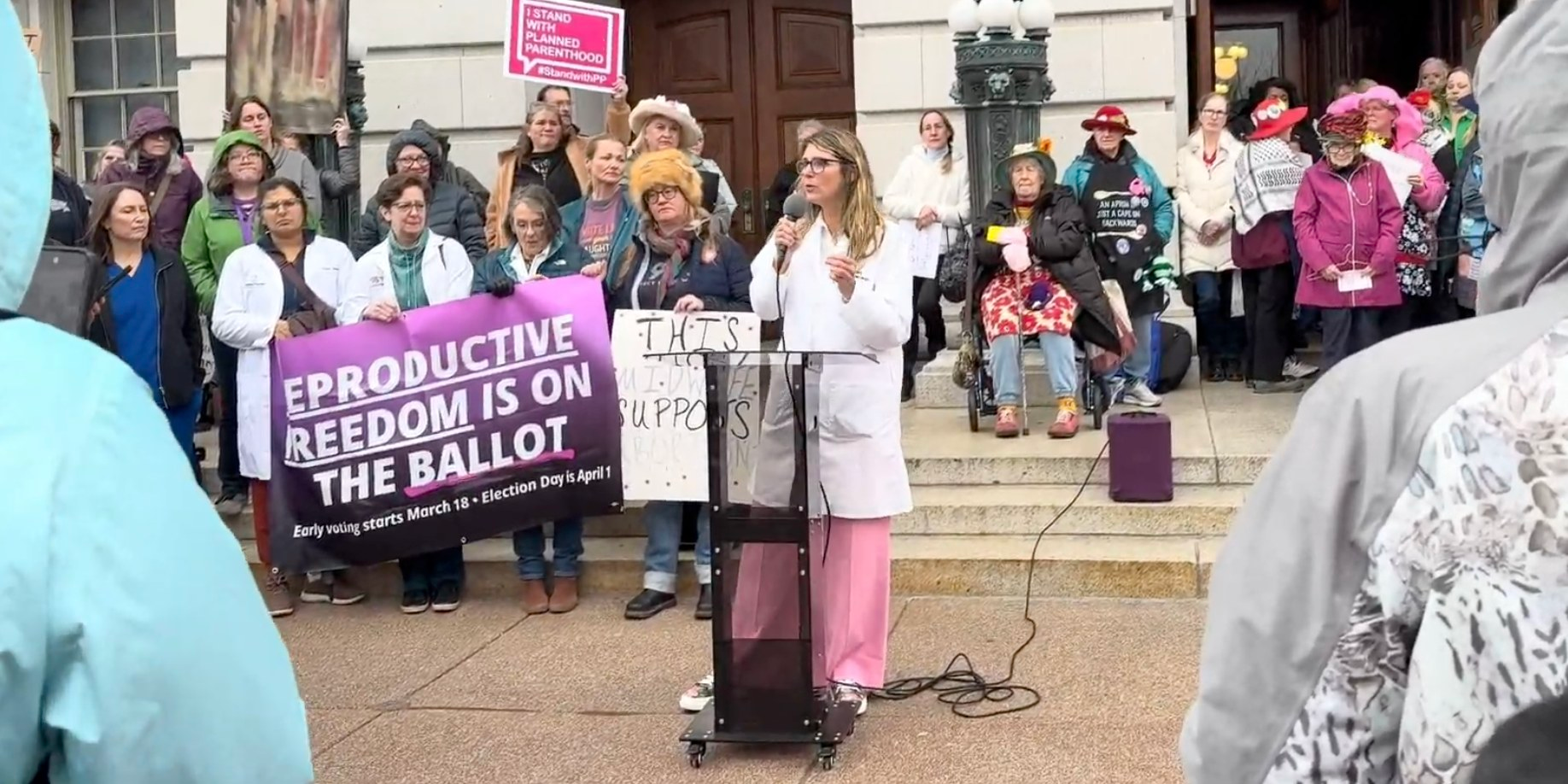 Dr Kristen Lyerly, an emergency room physician with the Committee to Protect Health Care, spoke at a rally against Brad Schimel outside of Wisconsin's state capitol building in March.