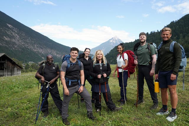 <p>Daliso Chaponda, Harry Clark, Stefanie Reid, Helen Lederer, Nelufar Hedayat, Jay McGuiness, and Jeff Brazier in Pilgrimage: The Road Through The Alps (CTVC Production/BBC)</p>