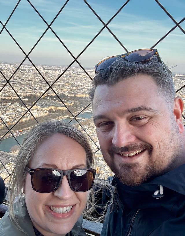 <p>Paris at last: Laura and Joe Booth, who reached the French capital at their third attempt</p>
