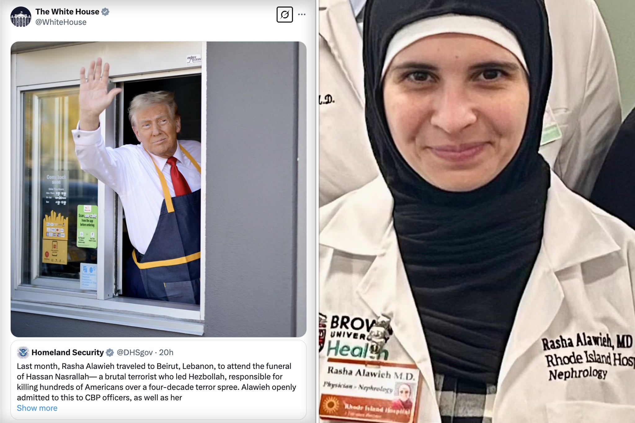 <p>La Casa Blanca compartió una publicación en X burlándose de la doctora de la Ivy League Rasha Alawieh, deportada al Líbano el fin de semana. La cuenta oficial de la administración compartió la foto de Trump saludando en la ventanilla del McDonald’s. </p>