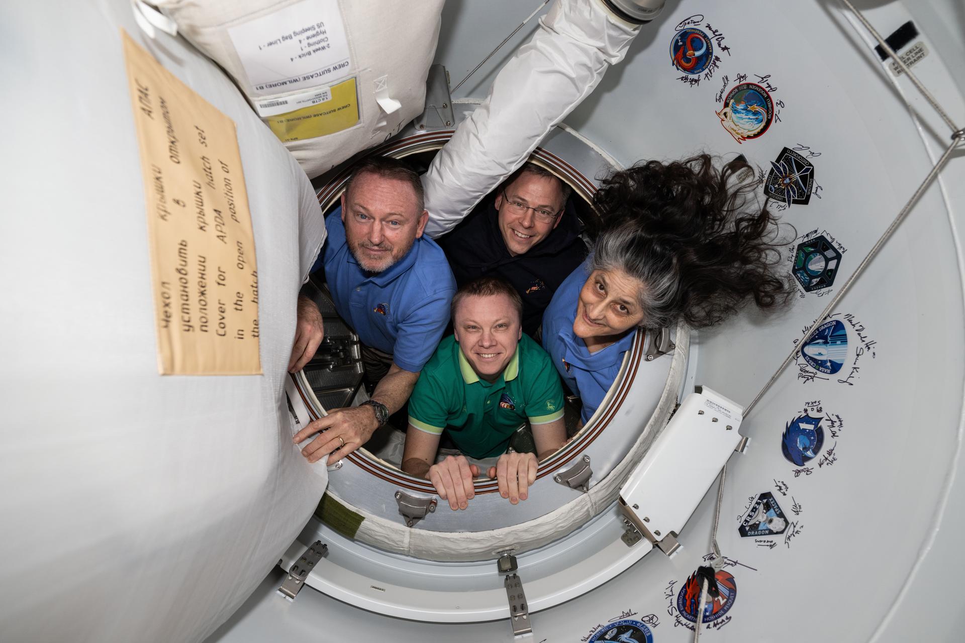 Williams and Wilmore (center right and left) are joined by NASA astronaut Nick Hague and Roscosmos cosmonaut Aleksandr Gorbunov. Hague and Gorbunov launched the spacecraft they’re returning in last September. It had empty seats for Williams and Wilmore