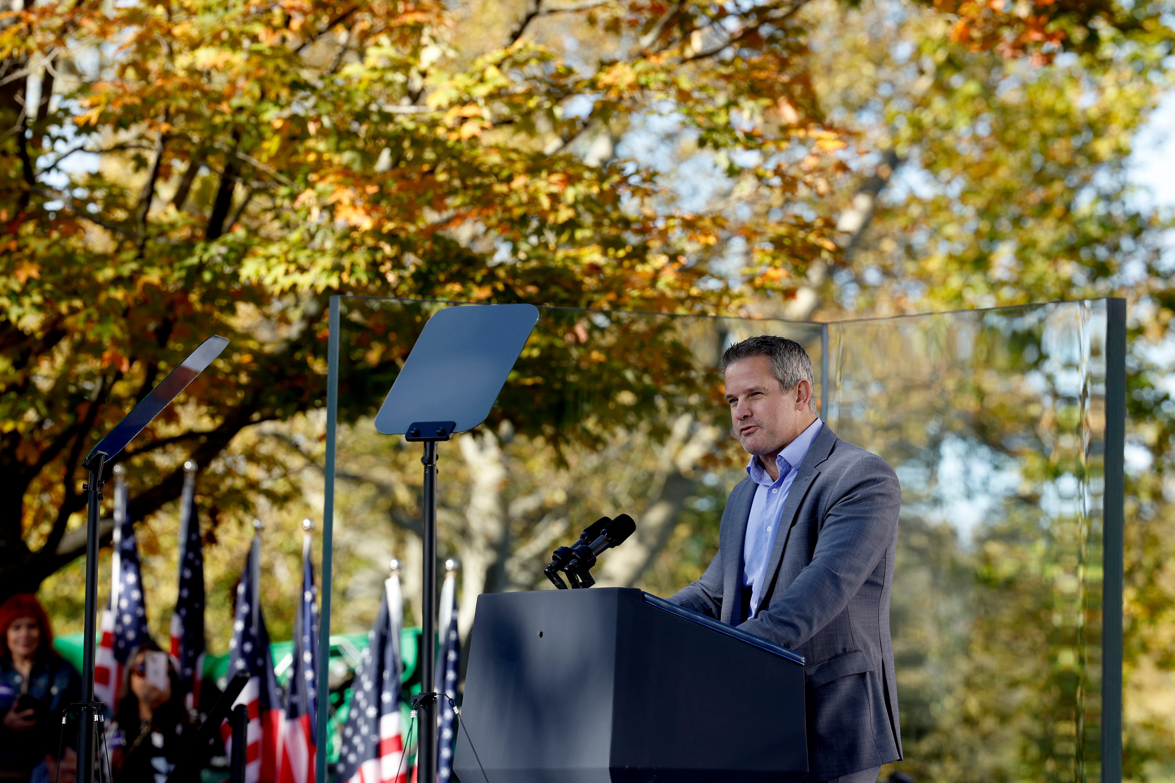 Adam Kinzinger (R-IL) speaks during a campaign event for Democratic presidential nominee, U.S. Vice President Kamala Harris at Washington Crossing Historic Park on October 16, 2024. He dared Trump to bring charges against him on Monday