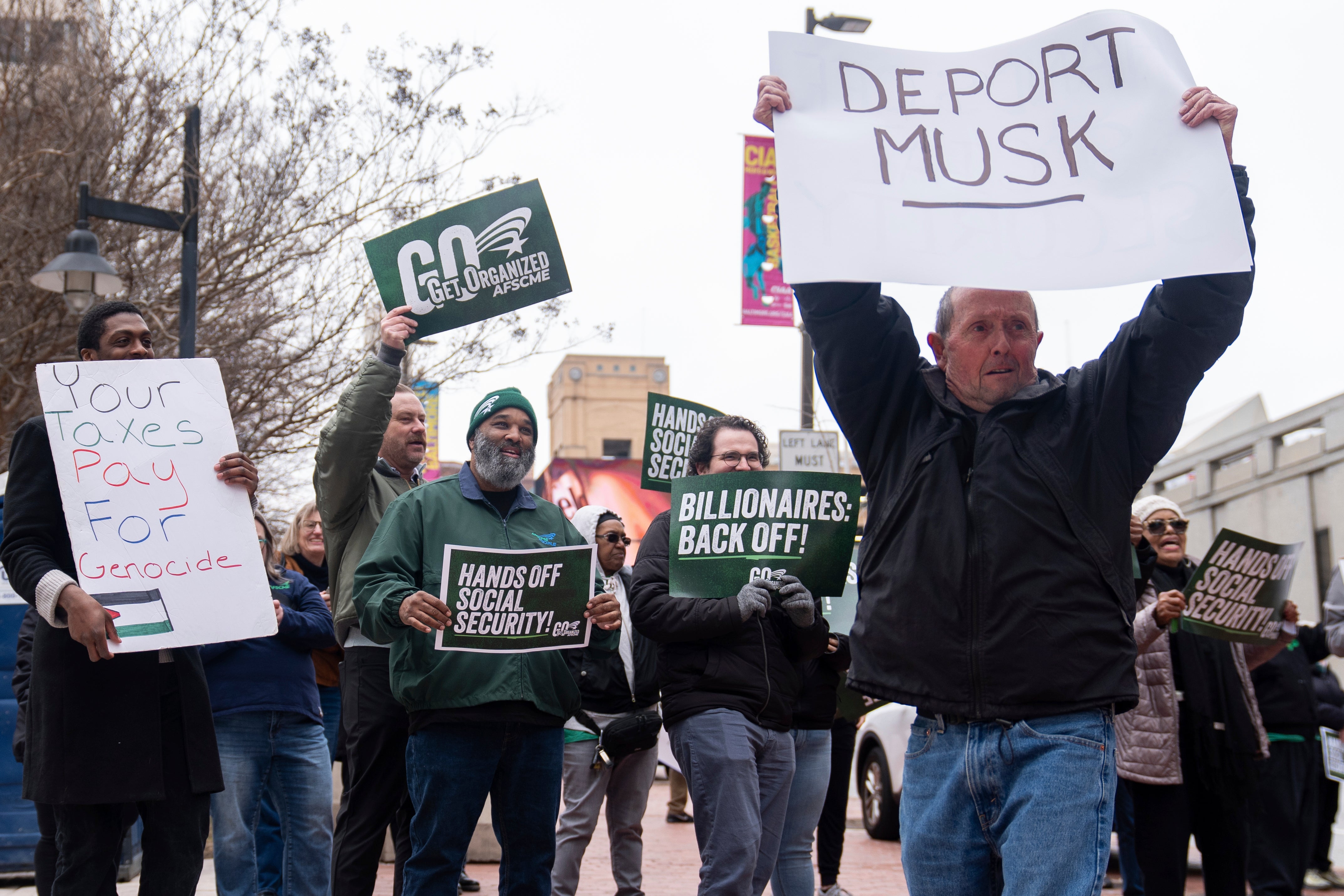 Demonstrators meet before a hearing on the access of the Department of Government Efficiency to Data on Social Security